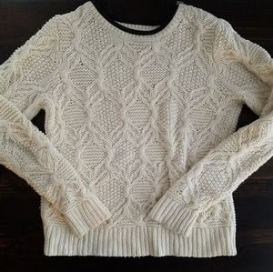 Cream Cable Knit Sweater with Leather Trim